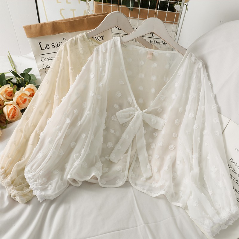 Áo Khoác Cardigan Mỏng Bo Tay Thắt Nơ Mặc Kèm Váy Hai Dây Hàng Quảng Châu A07