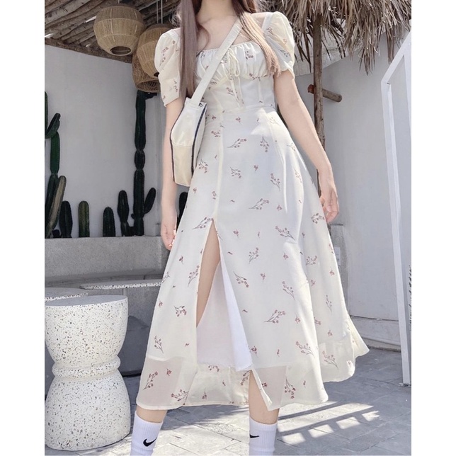 Váy hoa nhí cổ vuông tay bồng nhún ngực xẻ tà 2 lớp ulzzang đầm hoa trắng dáng dài