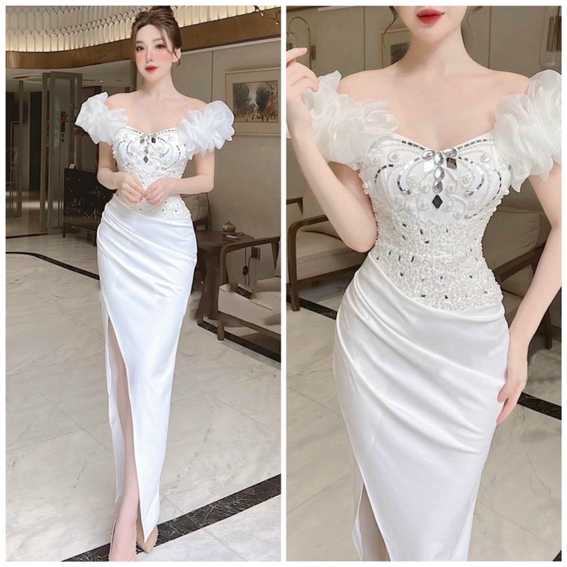 Đầm maxi bóy dự tiệc trễ vai nhúng phồng voan kính kết đá pha lê TRIPBLE T DRESS - size S/M/L - MS228Y