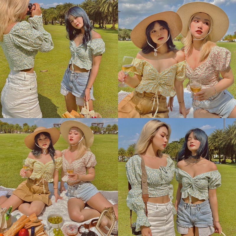(cam thường ảnh trải sàn, hoả tốc)🥗NAOMI_CROPTOP(ÁO HOA NHÚN NGỰC TAY PHỒNG)