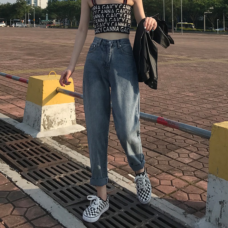 Quần baggy jean trơn cạp cao màu xanh trơn chất dày dặn phong cách ulzzang cao cấp