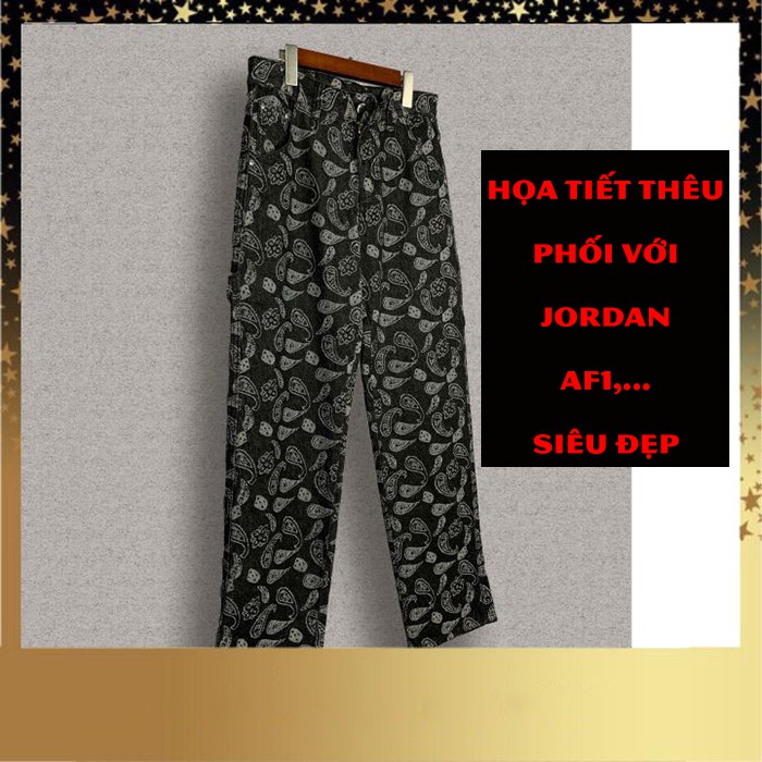 [ ẢNH THẬT ] Quần Jean ống suông rộng họa tiết đường phố unisex streetwear bandana xuông phối với sneaker