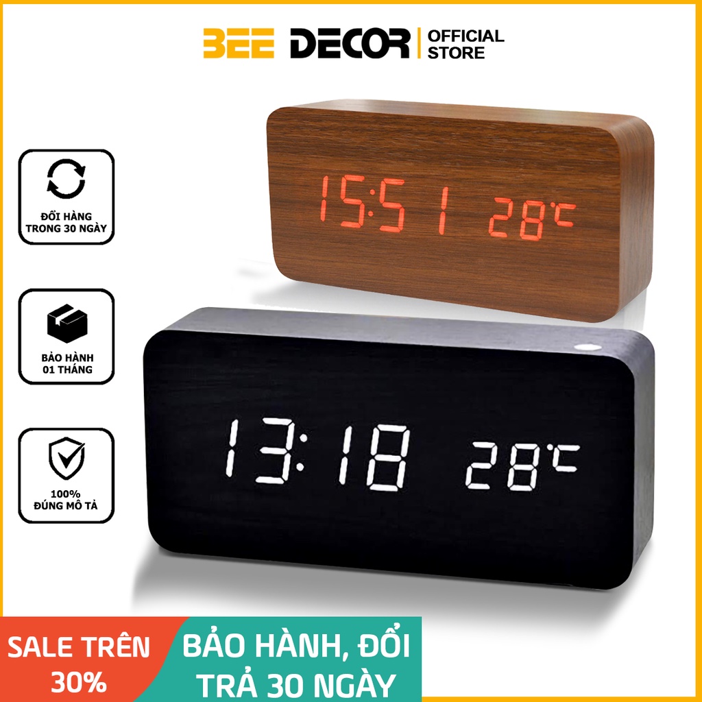 Đồng Hồ Gỗ LED Để Bàn Hình Chữ Nhật Có Cảm Biến Nhiệt Độ Phòng Chính Xác và Hẹn Báo Thức Decor Trang Trí Bàn Làm Việc