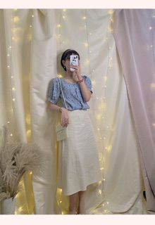 SET SƠ MI HOA XANH PHỐI CHÂN VÁY MIDI