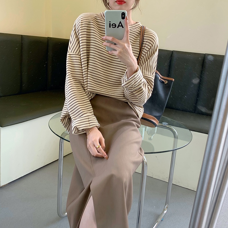 Áo thun XIAOZHAINV tay dài cổ tròn họa tiết kẻ sọc phong cách Hàn Quốc cho nữ