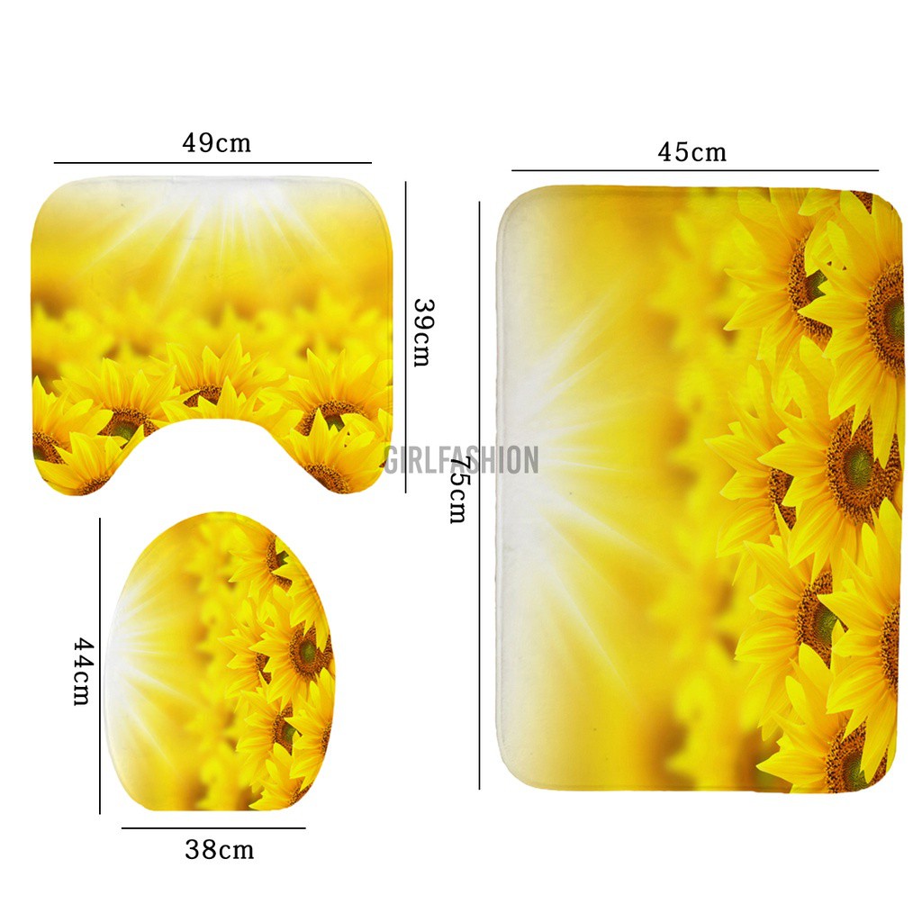 Bathroom Shower Curtain Bath Flower Non-slip Toilet Lid Cover Rug Mat Set