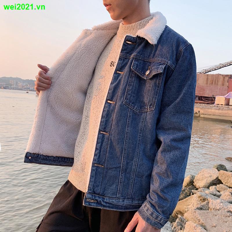 Áo khoác denim lót lông cừu giả lót nhung dày giữ ấm thời trang mùa đông cho nam
