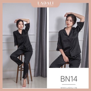 Pyjama Sau Sinh Lụa Satin Cao Cấp Phối Ren, Bộ Ngủ Pijama Đáp Ren Sang Trọng Màu Đen LADALI