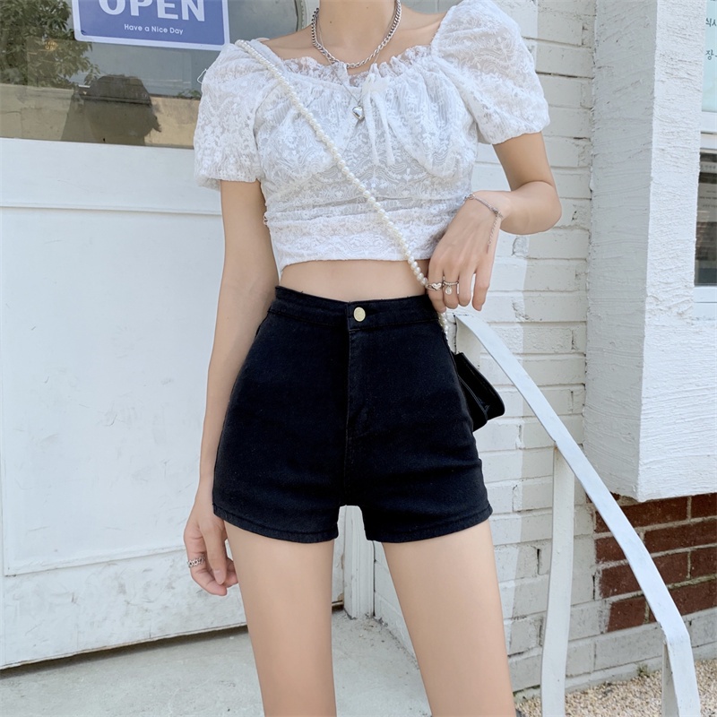 Quần Short Denim Màu Đen Lưng Cao Thời Trang Hàn Quốc Quyến Rũ Cho Nữ