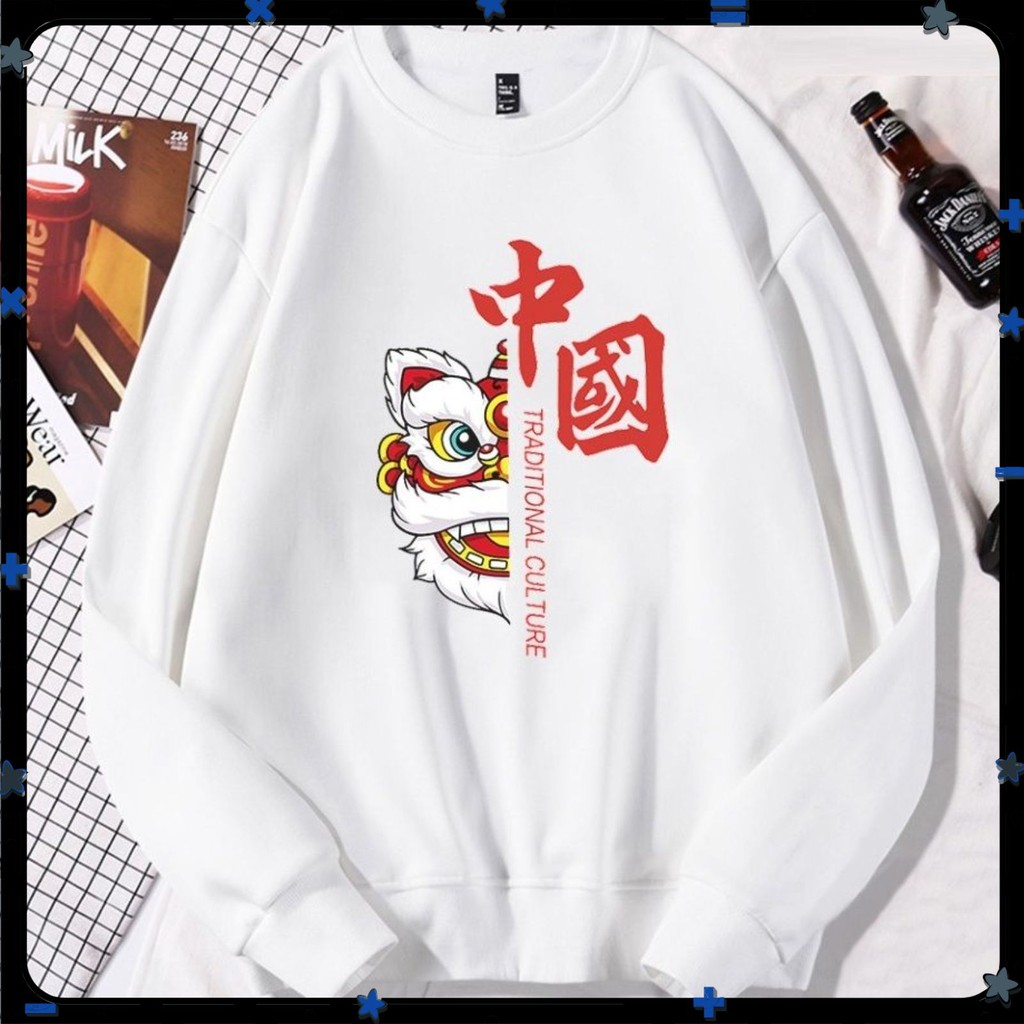 Áo Sweater Cổ Tròn Dài Tay NAM Nữ Màu Trắng Chất Vải Nỉ Poly Hàng Freesize 1 Cỡ Dáng Rộng Dưới 65kg Mặc Vừa (Đầu Lân) | BigBuy360 - bigbuy360.vn