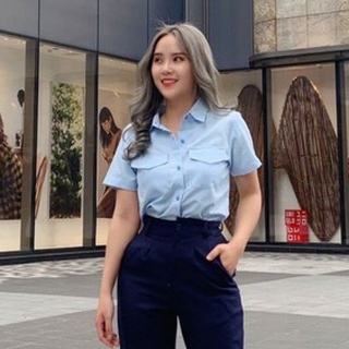 áo sơ mi nữ 2 túi màu xanh bạc hà và xanh biển_áo sơ mi màu tay ngắn