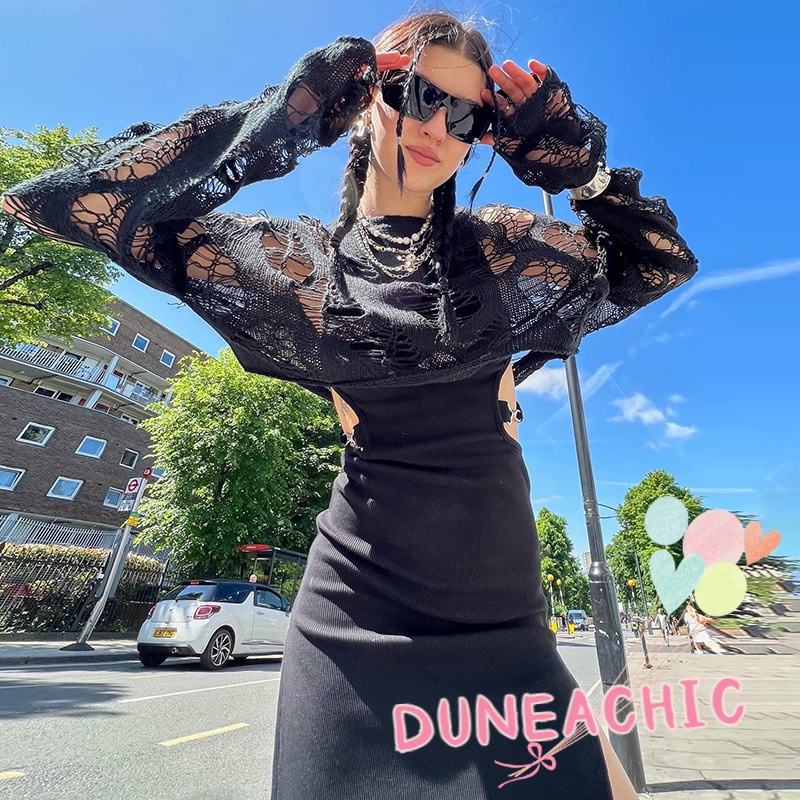 DUNEA Áo Sweater Dệt Kim Cổ Tròn Dài Tay Dáng Rộng Gợi Cảm Dành Cho Nữ