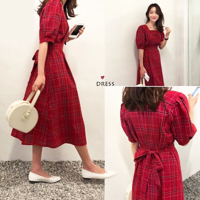 Váy vintage caro đỏ hàng order