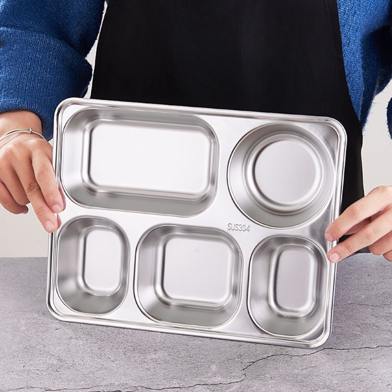Khay đựng thức ăn chia ngăn 3/5/4 bằng thép không gỉ cho căng tin trường học