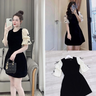 Váy nhung đen phối tay nơ bồng tiểu thư