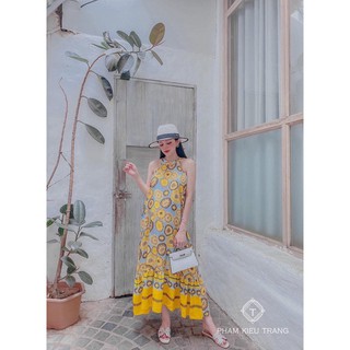 Đầm maxi suông cổ yếm họa tiết + Ảnh thật