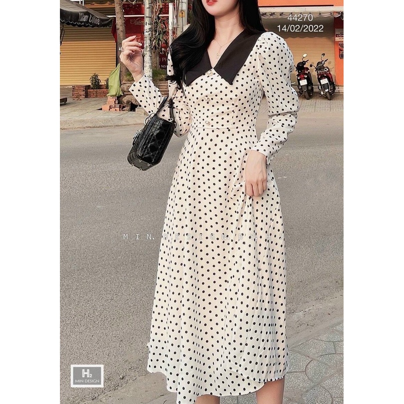 đầm lụa 100D dáng suông chấm bi cổ sơ mi dài tay