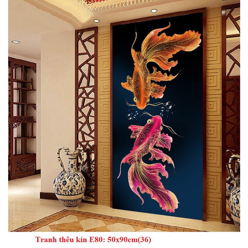 Tranh thêu chữ thập đôi cá koi 50*90cm thêu kín E80