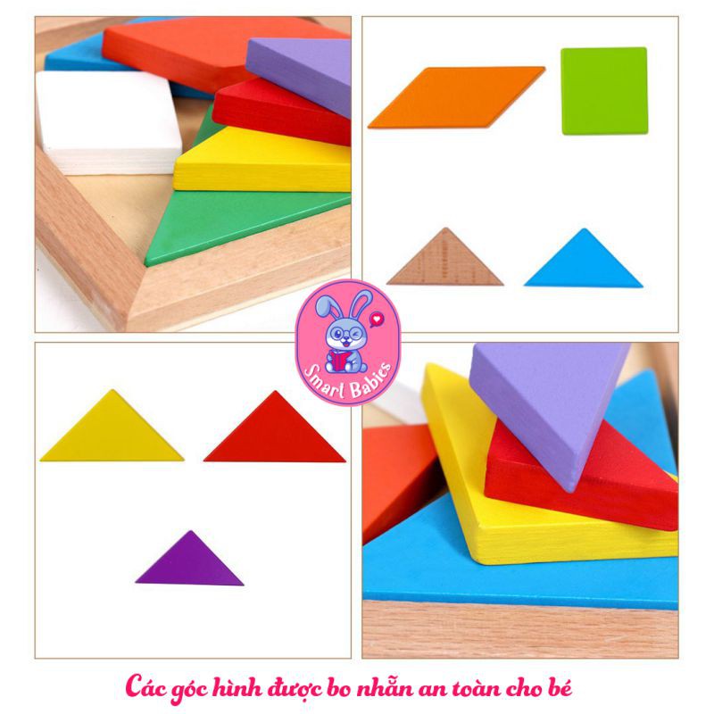 Đồ chơi trí uẩn Tangram 12x12cm, đồ chơi xếp gỗ montessori thông minh trí tuệ cho bé