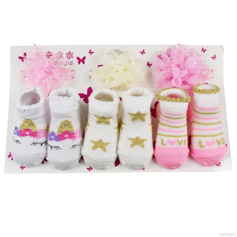 Set 3 món vớ cotton chống trượt đính nơ + băng đô xinh xắn cho bé