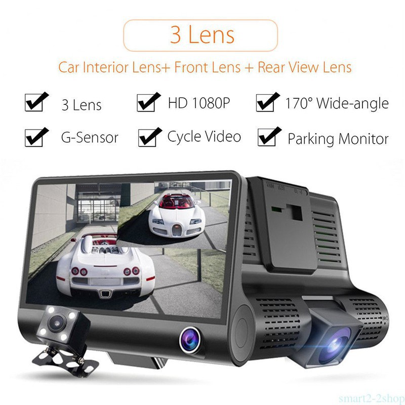 CAMERA HÀNH TRÌNH 3 ỐNG KÍNH WDR FULL HD 1080 GỒM CAMERA HÀNH TRÌNH, LÙI CHIẾU HẬU VÀ QUAN SÁT TRONG XE