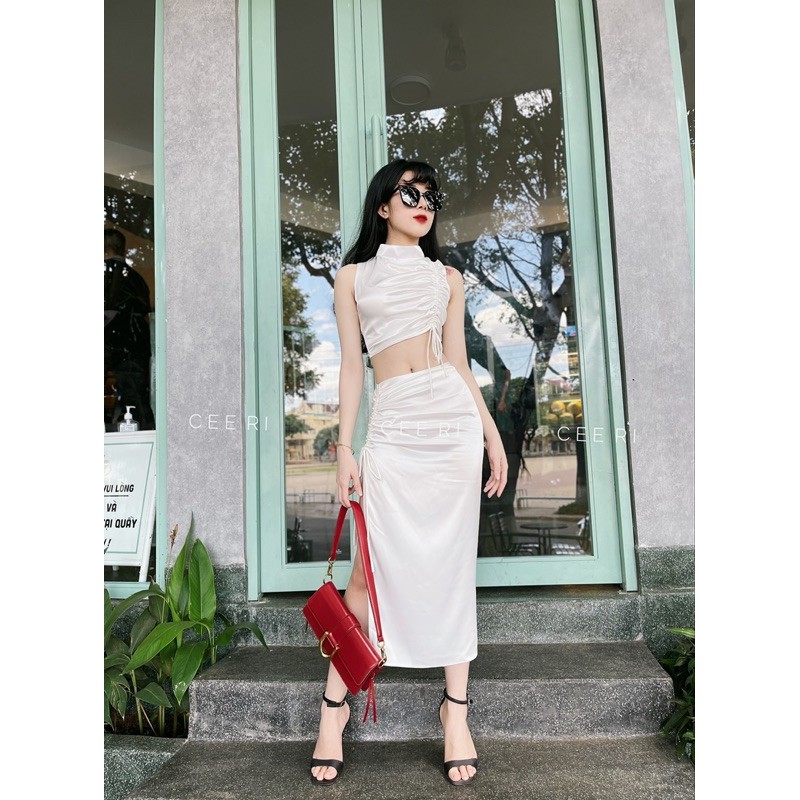 ( ẢNH SHOP CEERI TỰ CHỤP ) Set lụa gồm áo + chân váy dài