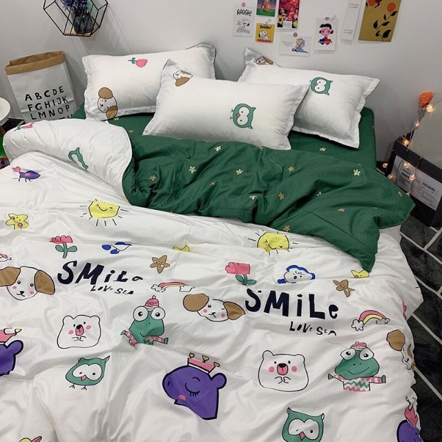 Bộ vỏ chăn ga gối cotton poly mẫu Ếch Smile
