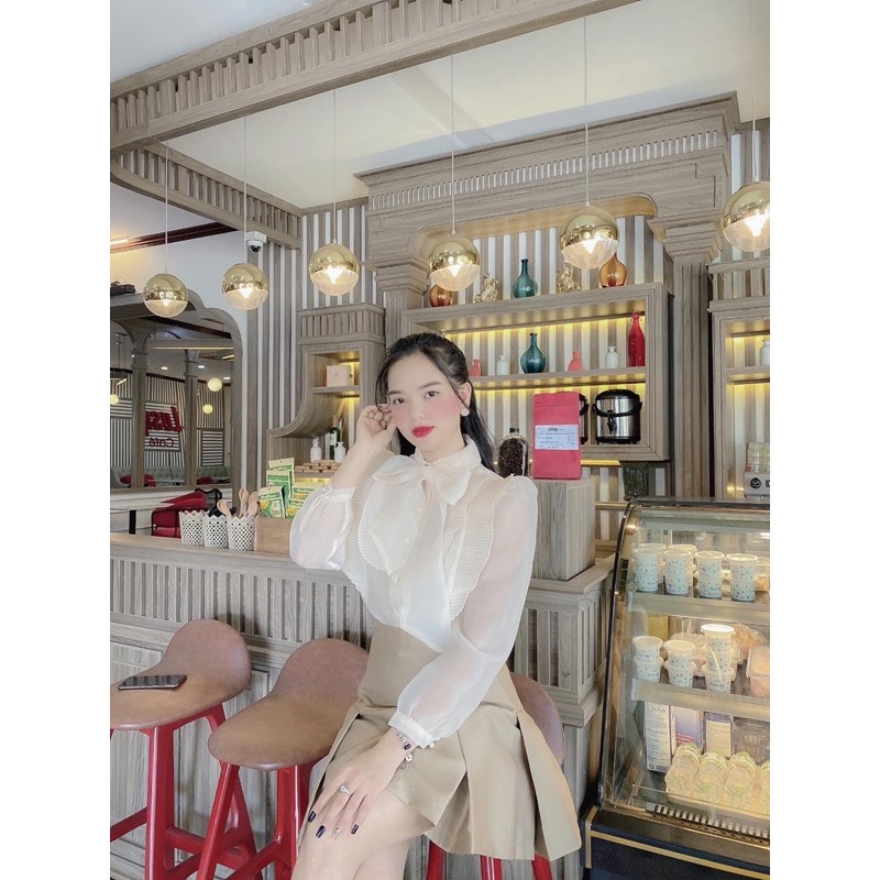 Áo sơmi tơ organza xếp ly cao cấp Ruby