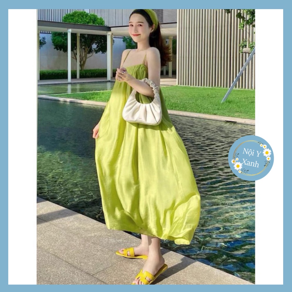 Đầm maxi 2 dây dáng thon dài rộng chun ngưc, váy 2 dây đi biển bầu bí mặc thoải mái hàng đẹp trendy - nội y xanh