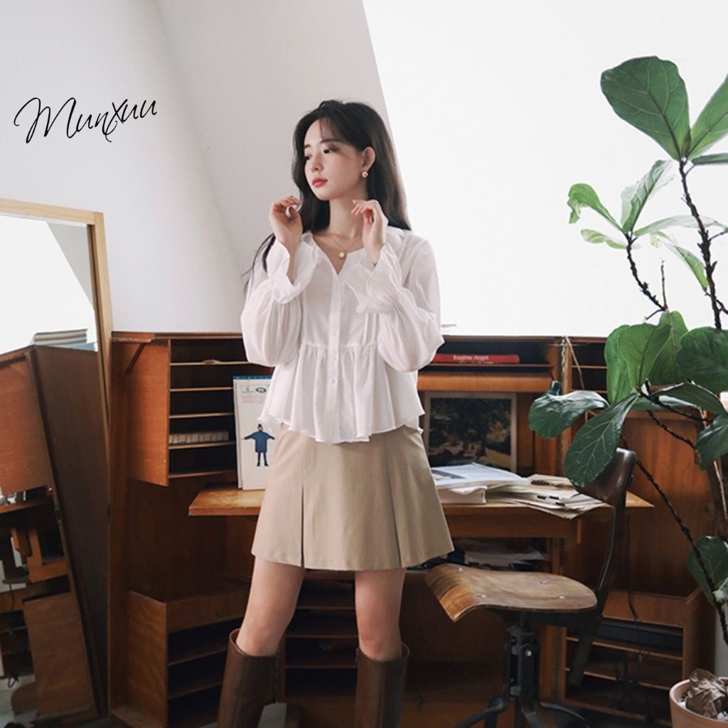 Áo sơ mi trắng nữ cổ bèo tay phồng Munxuu nhẹ nhàng thanh lịch, thời trang Ulzzang Hàn Quốc - SP48