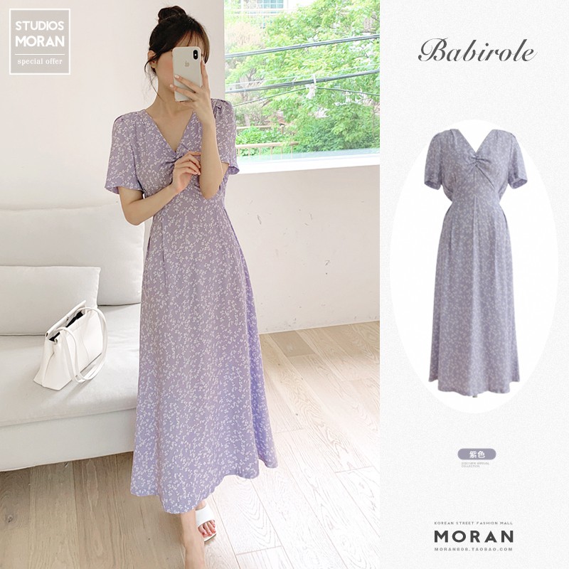 Váy hoa nhí màu tím pastel nhẹ nhàng MORAN cổ V nhún ngực dáng dài thắt eo vintage Hàn Quốc