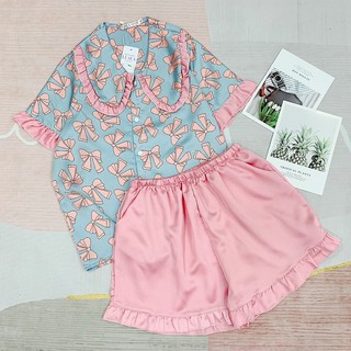 Bộ Pijama đùi tiểu thư nơ xanh xinh yêu