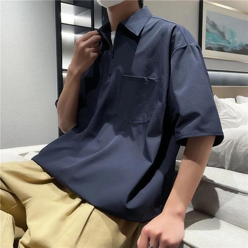 Áo polo Tay Ngắn Dáng Rộng Vải Lụa Lạnh Mỏng Thời Trang Mùa Hè Cho Nam
