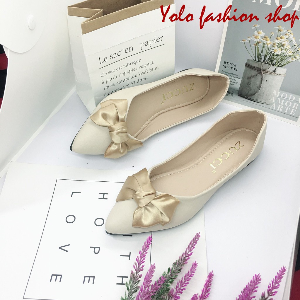 Giày bệt búp bê nữ mũi nhọn đính nơ xinh xắn da mềm êm chân - B20 | BigBuy360 - bigbuy360.vn