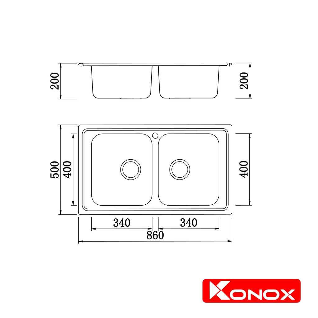 Chậu rửa bát KONOX European Premium KS8650 2B, inox 304AISI, full set gồm Siphon+Giá úp bát inox