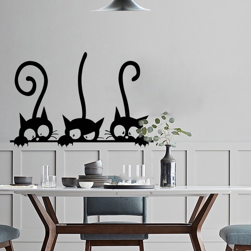 Sticker Dán Tường PVC Chống Thấm Nước Hình Ba Chú Mèo Đen Đáng Yêu Kích Thước 20X30CM