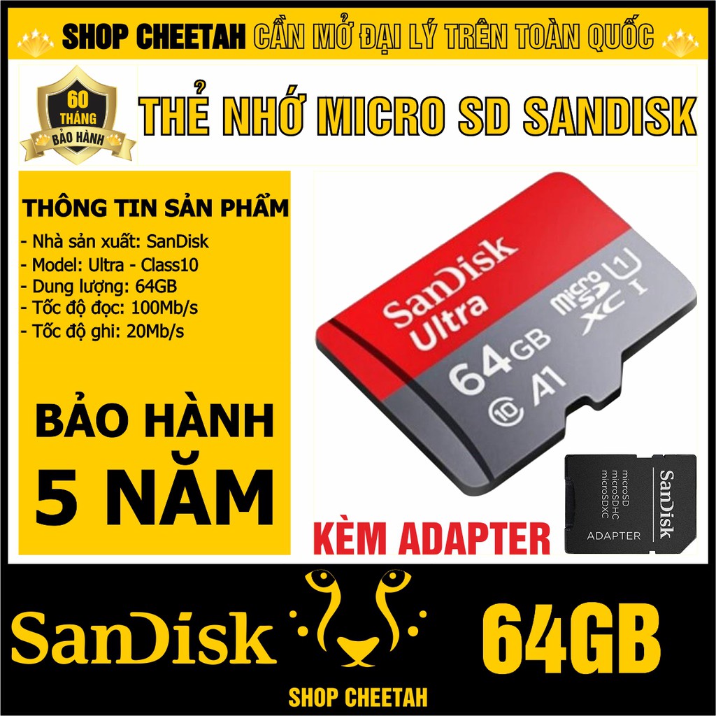 Thẻ nhớ 64GB SanDisk Kèm Adapter – MicroSD Ultra Class10 – CHÍNH HÃNG – Bảo hành 5 năm