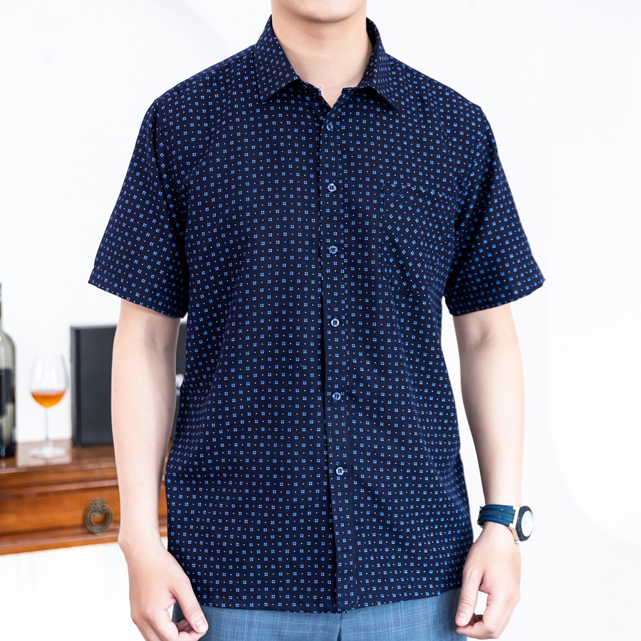 Áo Sơ Mi Nam Công Sở Trung Niên Anton Xanh Tím Than Ngắn Tay Vải Cotton Họa Tiết Hoa Nhí – 809