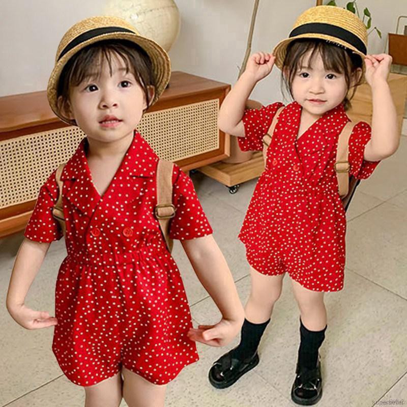 Jumpsuit lụa Ngắn Tay, Họa Tiết nhí Cho Bé Gái