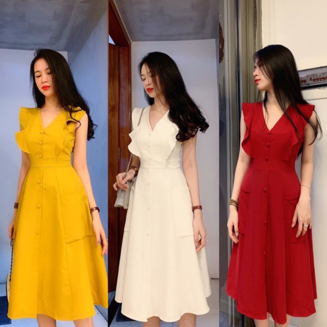 Đầm xoè cổ V phối 2 túi kèm ảnh thật