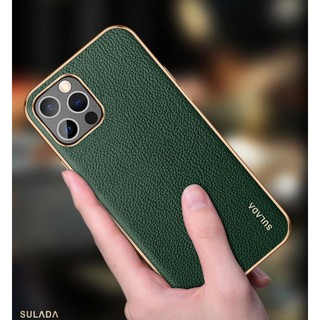 Ốp lưng Sulada vân da sần viền vàng cho iphone X đến 12 Pro max siêu sang chính hãng