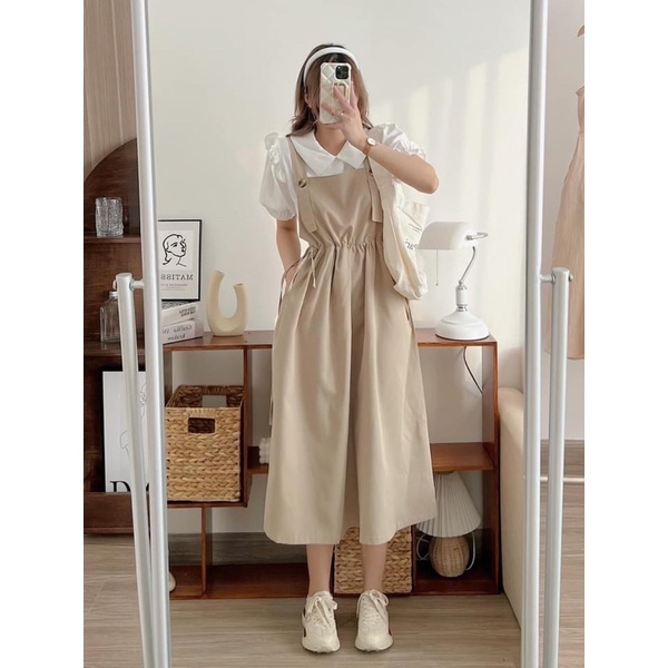 Set yếm babydoll nhún eo kèm áo sơ mi trắng cổ bèo Vintage