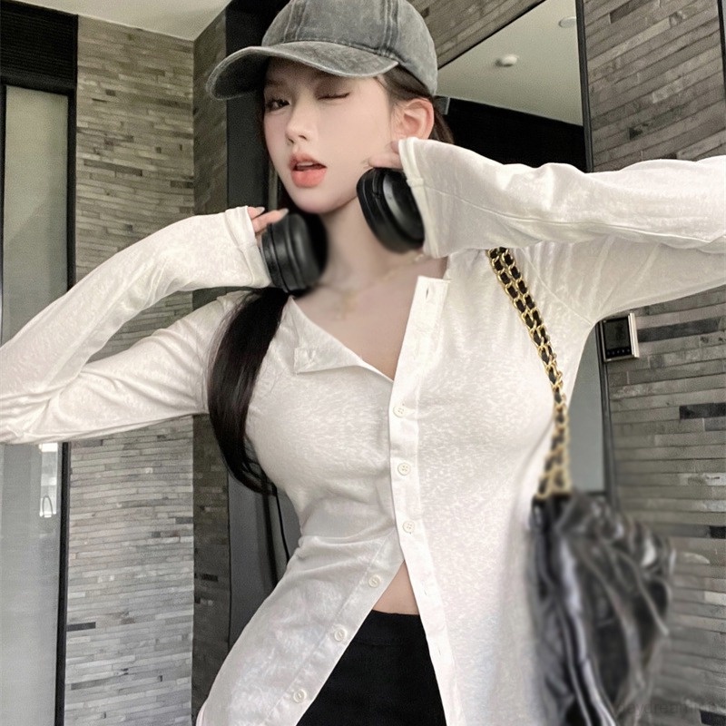 Áo Croptop Tay Dài Thoáng Khí Phong Cách Hàn Quốc Thời Trang Cho Nữ