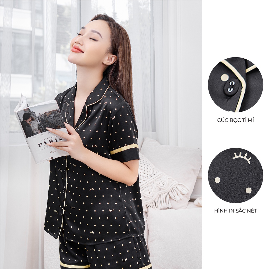 Bộ ngủ satin ZAM Luxury - CDA74 - áo ngắn tay quần đùi họa tiết