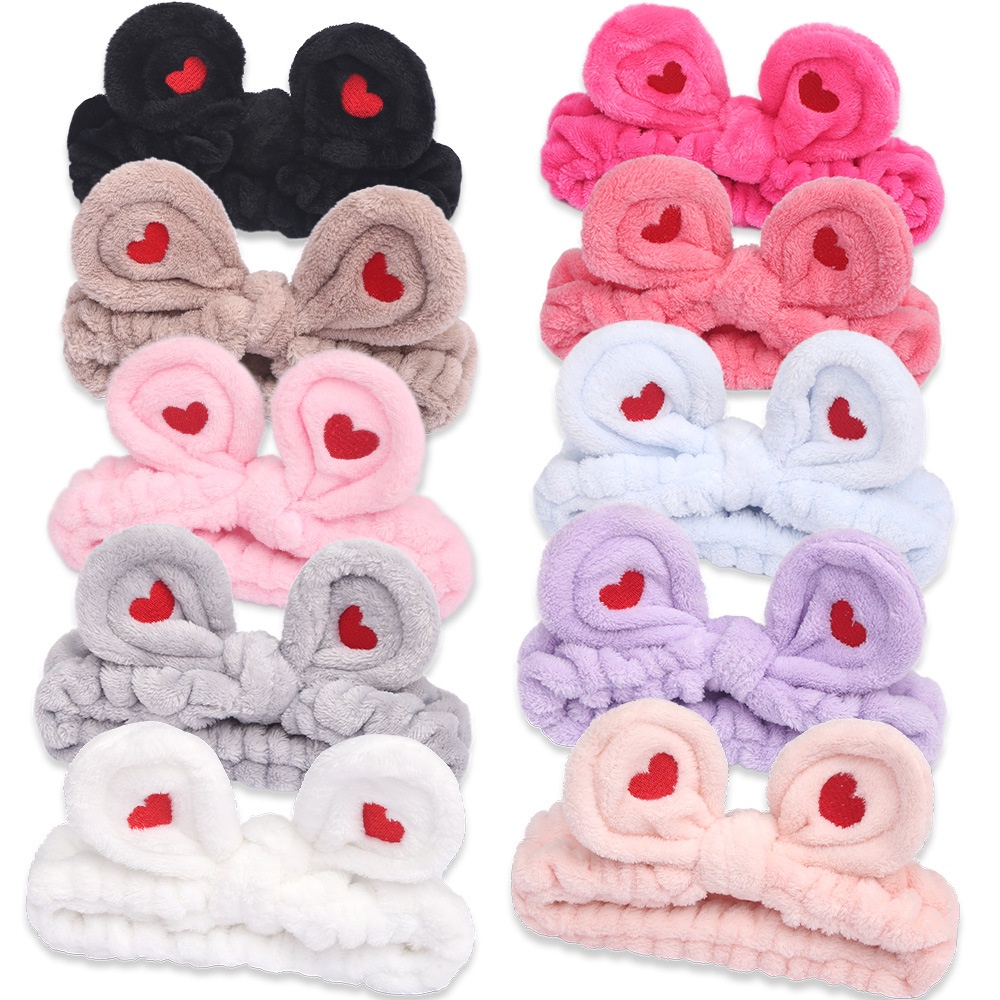 Băng đô vải lông thắt nơ thêu hình trái tim xinh xắn cho nữ khi rửa mặt/tập yoga