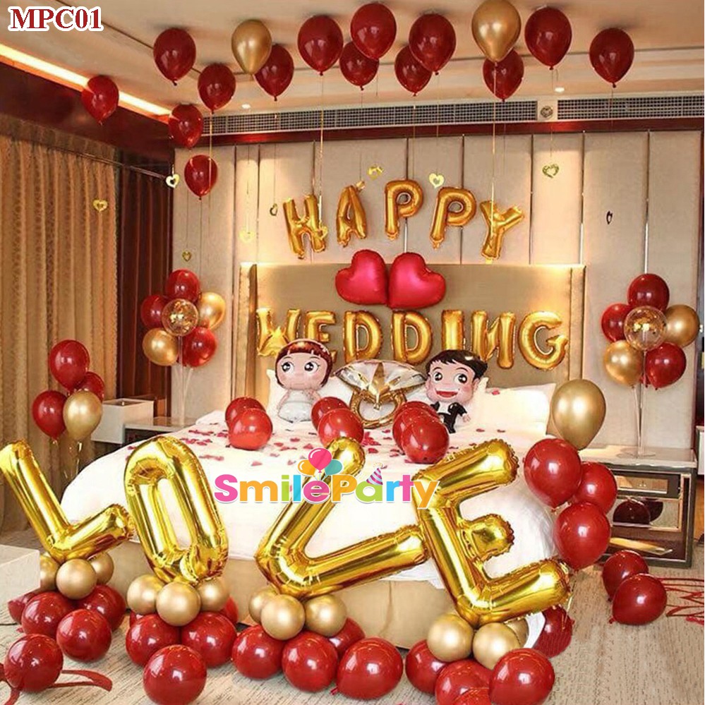 [Tặng quà] Set Bóng Trang Trí Phòng Cưới Bóng Happy Wedding Trang Trí Phòng Tân Hôn Tông Đỏ Lựu (Tặng kèm bơm + keo dán)