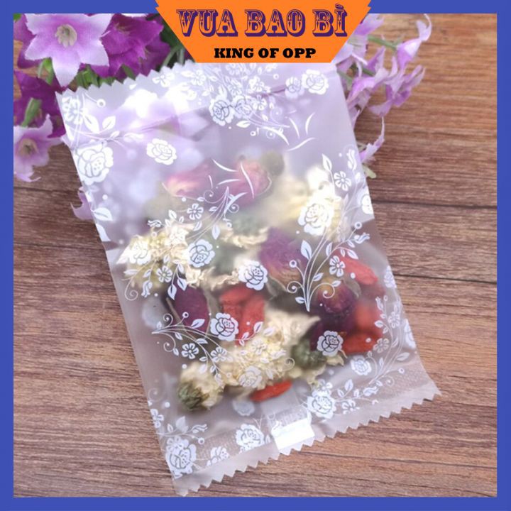 Túi đựng trà, bánh kẹo họa tiết bông hồng trắng, 100c/1sp - VUA BAO BÌ