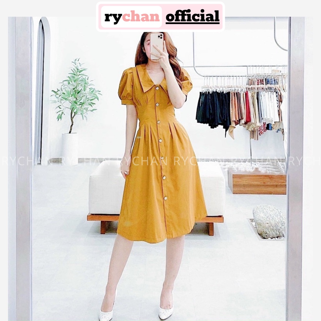 Đầm Nữ Dự Tiệc Dáng Sơ Mi Tay Ngắn Phồng Xếp Li Eo Tôn Dáng Cực Màu Xanh Vàng - DX9791
