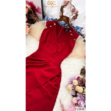 V2836 - váy đỏ tay voan màu be