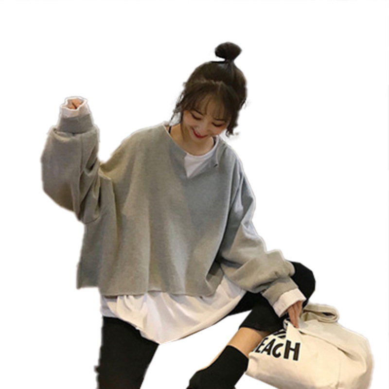 Áo Hoodie Nữ Dáng Rộng Giả Hai Lớp Phong Cách Hàn Quốc
